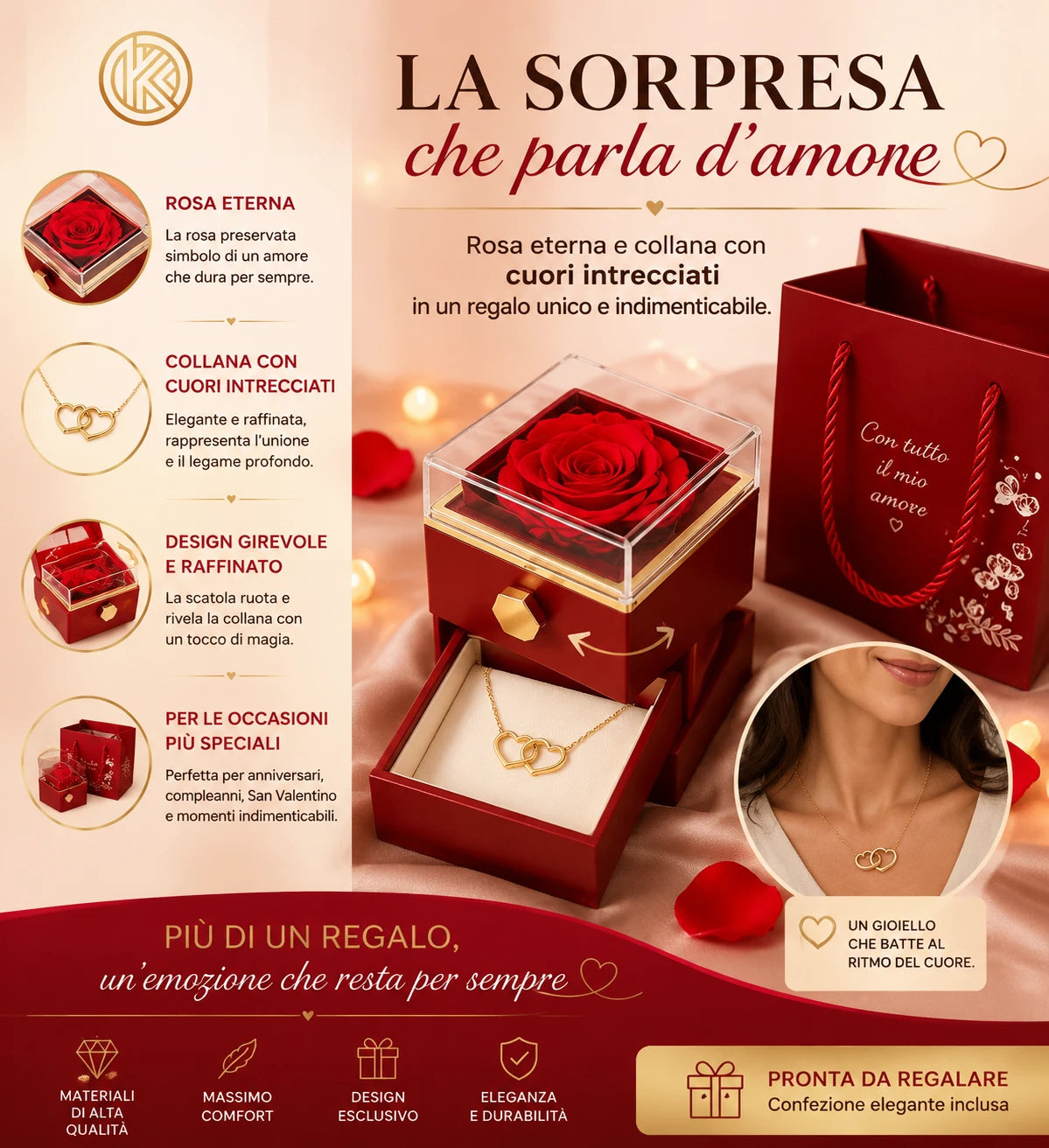 osa Eterna Girevole con Collana a Doppio Cuore – Scatola Regalo Romantica 🌹❤️